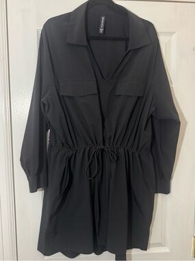 Athleta Zuma Black Long-Sleeve V-Neck Drawstring Shirt Dress